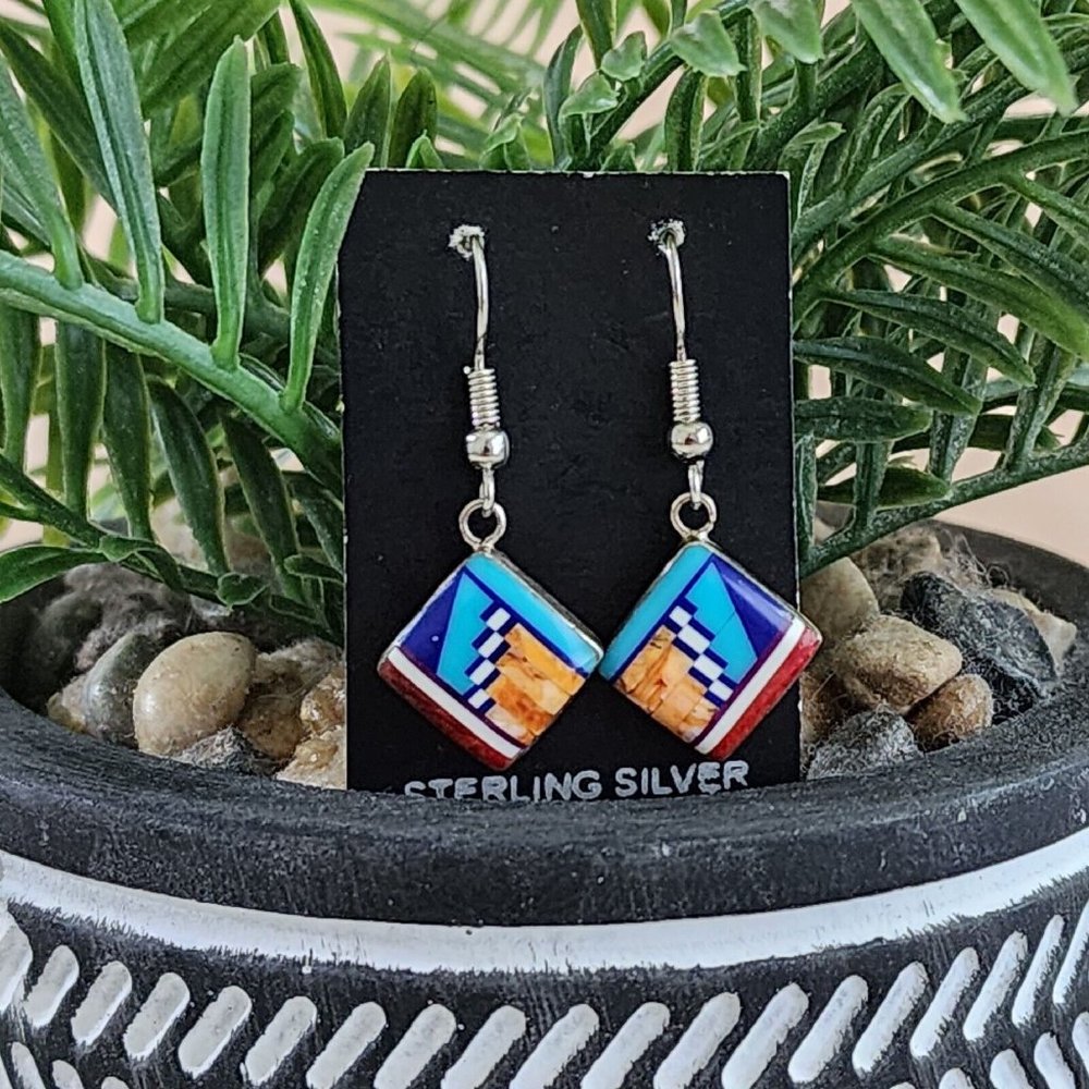 Navajo Donald Douglas Sterling Silver Multicolor Inlay Mosaic Earrings